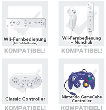 Wii-Fernbedienung (NES-Methode), Wii-Fernbedienung + Nunchuk, Classic Controller, Nintendo GameCube Controller