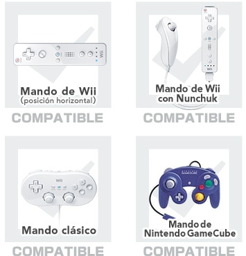 Mando de Wii (posición horizontal), Mando de Wii con Nunchuk, Mando Clásico, Mando de Nintendo GameCube