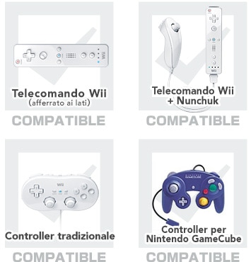 Telecomando Wii (afferrato ai lati), Telecomando Wii + Nunchuk, Controller Tradizionale, Controller per Nintendo GameCube