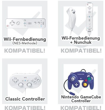 Wii-Fernbedienung (NES-Methode), Wii-Fernbedienung + Nunchuk, Classic Controller, Nintendo GameCube Controller