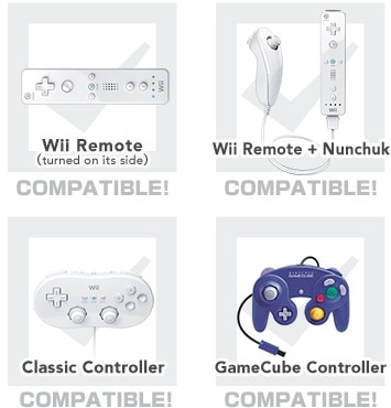 Wii Remote (turned on its side), Wii Remote + Nunchuk, Classic Controller, GameCube Controller