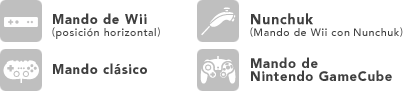 Mando de Wii (posición horizontal),Nunchuk(Mando de Wii con Nunchuk),Mando clásico,Mando de Nintendo GameCube