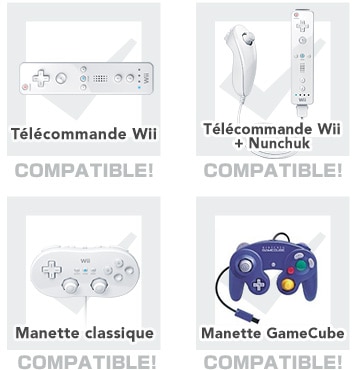 Télécommande Wii, Télécommande Wii + Nunchuk, Manette classique, Manette GameCube